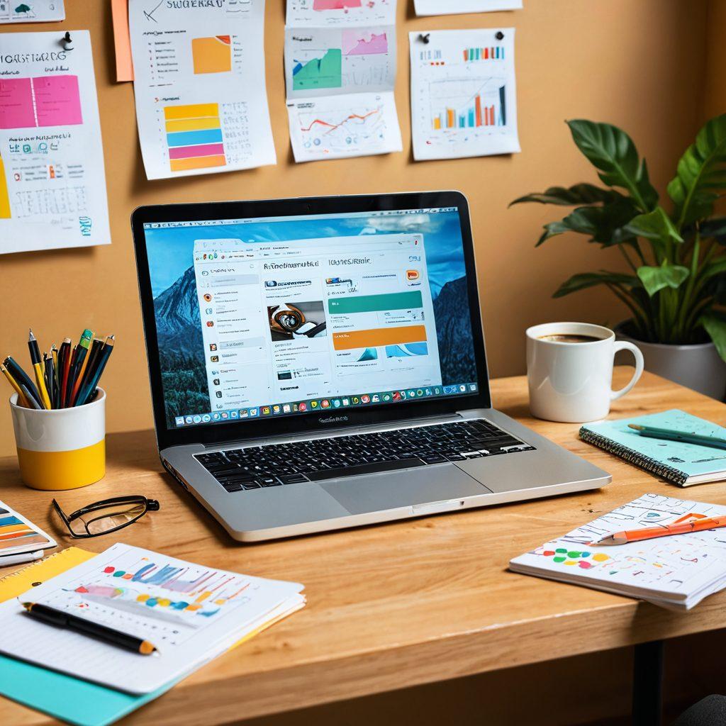 A creative workspace featuring a laptop with a blog post on the screen, surrounded by colorful marketing materials, a notepad with scribbled ideas, and a coffee cup. Incorporate elements of digital branding like social media icons and analytics graphs subtly in the background. The atmosphere should feel vibrant and inspiring, evoking the essence of blogging and digital marketing. super-realistic. vibrant colors. warm lighting.
