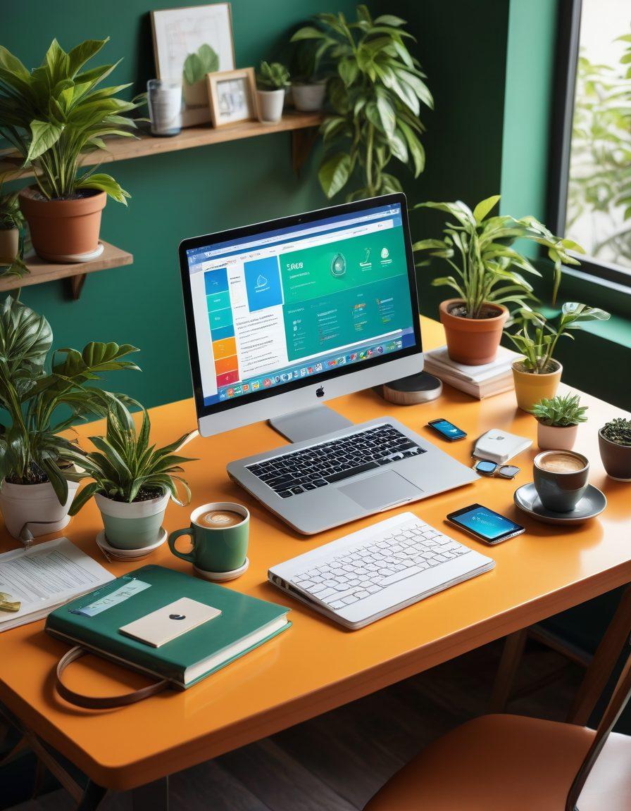A dynamic scene illustrating a successful online blogger at a stylish desk, surrounded by icons representing social media, analytics, and SEO tools. Vibrant colors enhance the energy, while a glowing laptop reflects engaging content. Include motivational elements like charts with upward trends and a coffee cup to symbolize productivity. The background hints at a modern workspace with plants and books. super-realistic. vibrant colors. modern style.