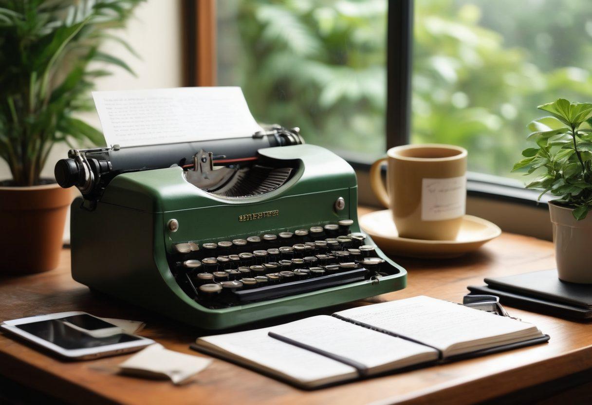 An open diary with handwritten notes titled 'Blogging Secrets' surrounded by a vintage typewriter, a steaming cup of coffee, and a laptop displaying a beautifully designed blog. Subtle light beams shining down on the scene, symbolizing inspiration and creativity, with green plants in the background to represent growth. super-realistic. warm colors. soft focus.